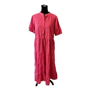 Pink Floral Leopard Tiered Maxi Dress Cotton Short Puff Sleeve Button Front L